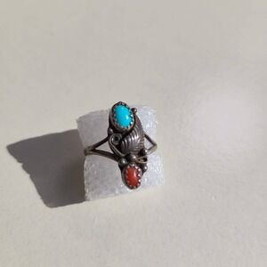 925 Sterling Silver Navajo Turquoise Coral Feather Bypass Ring Size 4.75